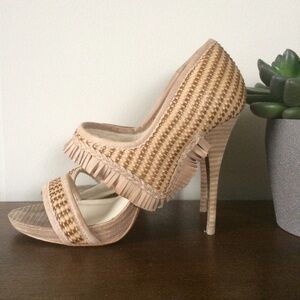 Max Studio Woven Fringe High Heels in Beige